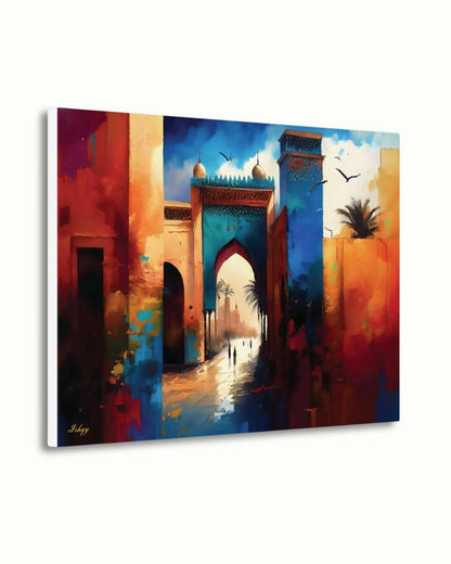 Moroccan Wall Art, Marrakesh Archway Painting Print – Vibrant Sunset Market View, Framed Morocco Print, Exotic Travel Decor Gift for Home