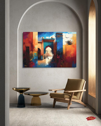 Moroccan Wall Art, Marrakesh Archway Painting Print – Vibrant Sunset Market View, Framed Morocco Print, Exotic Travel Decor Gift for Home