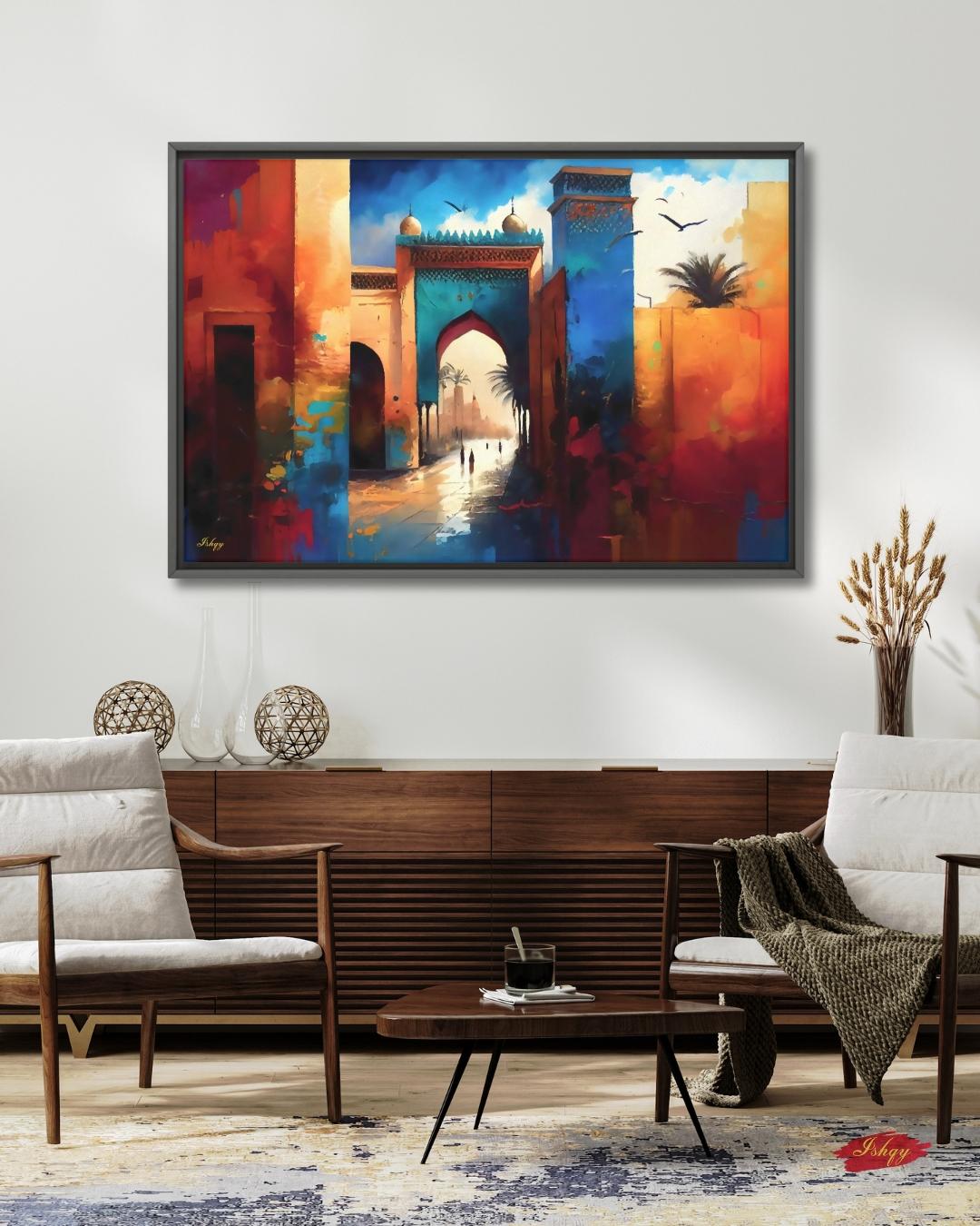 Moroccan Wall Art, Marrakesh Archway Painting Print – Vibrant Sunset Market View, Framed Morocco Print, Exotic Travel Decor Gift for Home