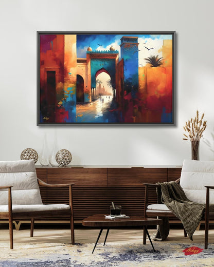 Moroccan Wall Art, Marrakesh Archway Painting Print – Vibrant Sunset Market View, Framed Morocco Print, Exotic Travel Decor Gift for Home