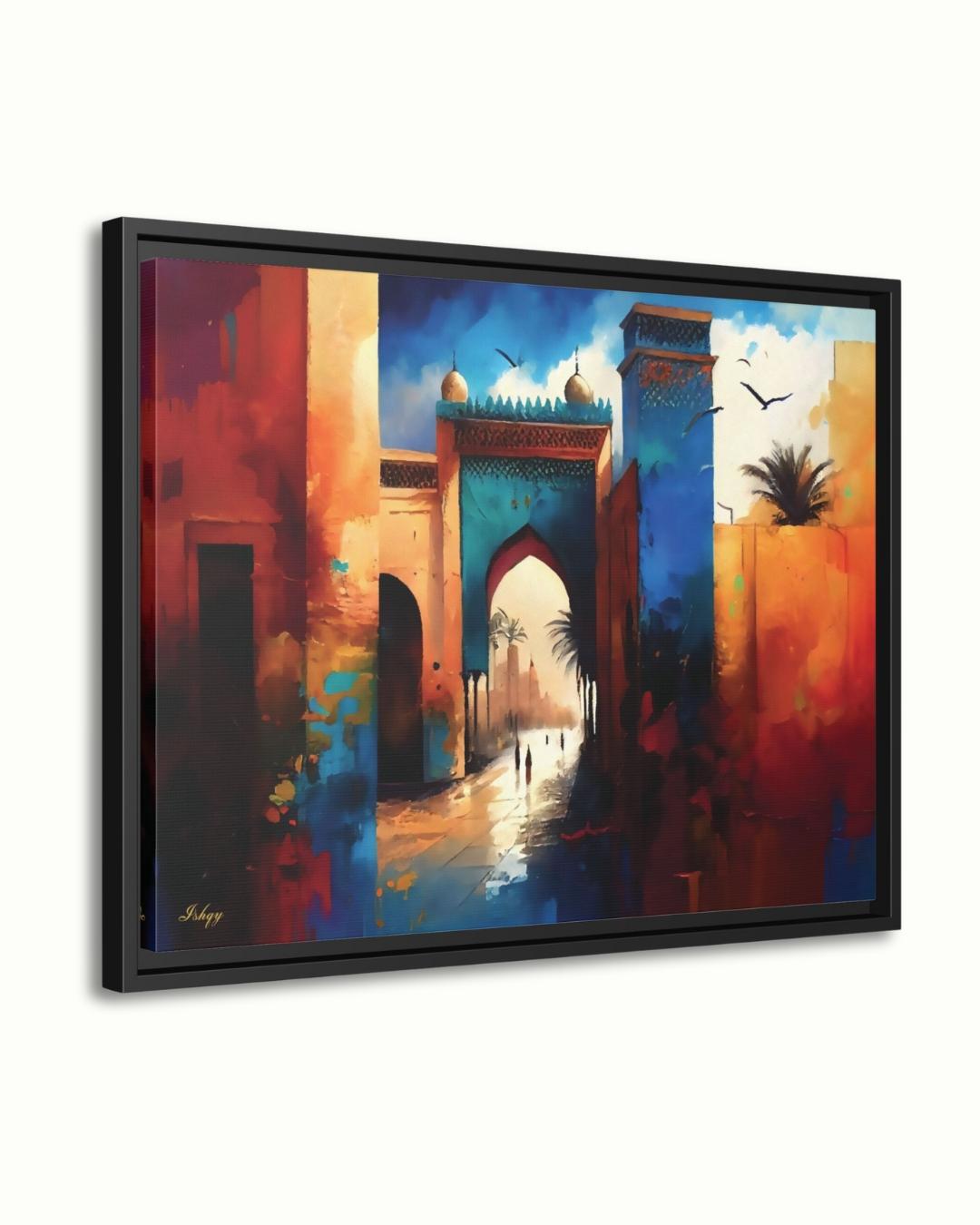 Moroccan Wall Art, Marrakesh Archway Painting Print – Vibrant Sunset Market View, Framed Morocco Print, Exotic Travel Decor Gift for Home