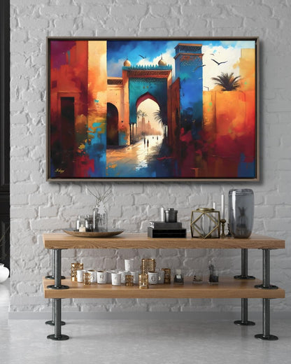 Moroccan Wall Art, Marrakesh Archway Painting Print – Vibrant Sunset Market View, Framed Morocco Print, Exotic Travel Decor Gift for Home