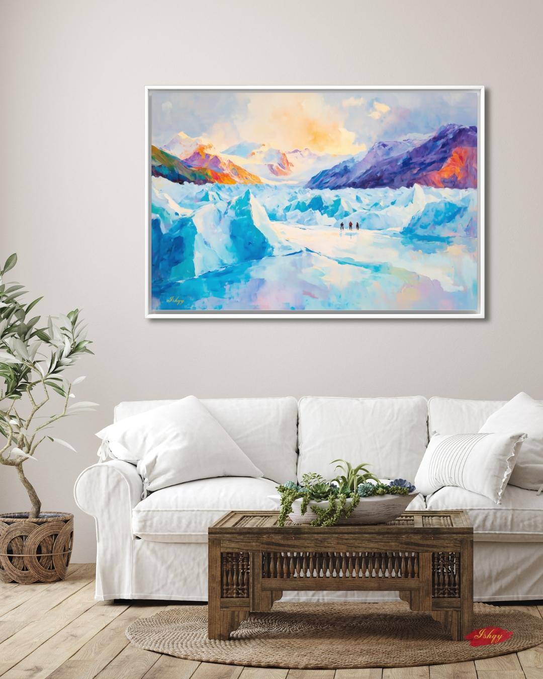Patagonia Glacier Landscape Painting, Majestic Mountain Wall Art, Ice Field Nature Canvas for Living Room, Office, or Adventure Home Decor