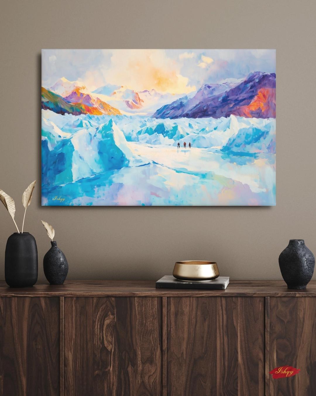 Patagonia Glacier Landscape Painting, Majestic Mountain Wall Art, Ice Field Nature Canvas for Living Room, Office, or Adventure Home Decor