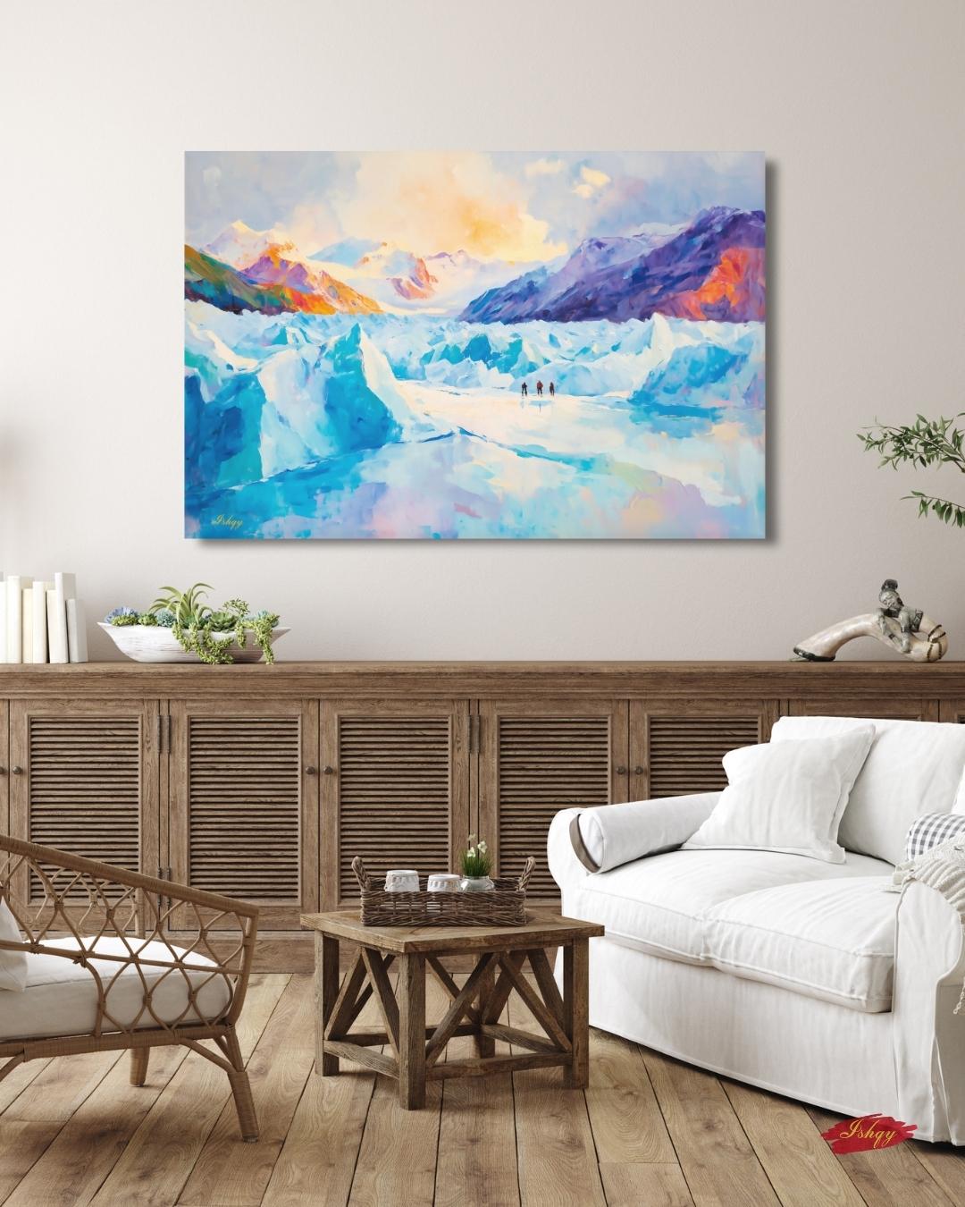 Patagonia Glacier Landscape Painting, Majestic Mountain Wall Art, Ice Field Nature Canvas for Living Room, Office, or Adventure Home Decor