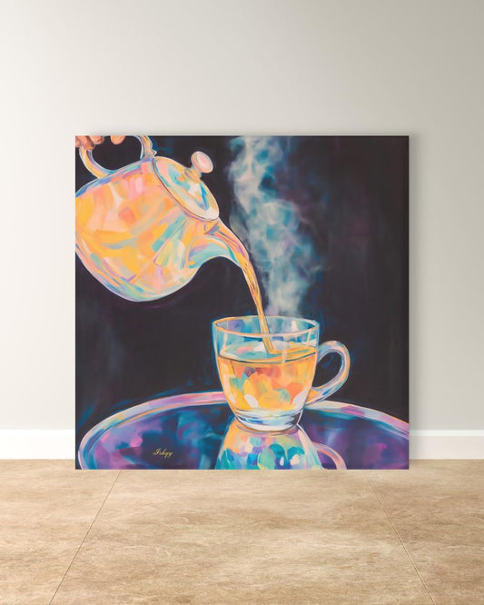 Colorful Steaming Tea Pour Painting Print, Vibrant Teapot Kitchen Wall Art, Modern Tea Lovers Canvas Cozy Café Decor Bold Drink Artwork Gift