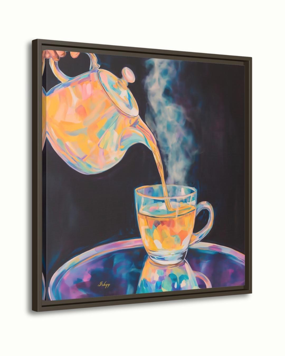 Colorful Steaming Tea Pour Painting Print, Vibrant Teapot Kitchen Wall Art, Modern Tea Lovers Canvas Cozy Café Decor Bold Drink Artwork Gift