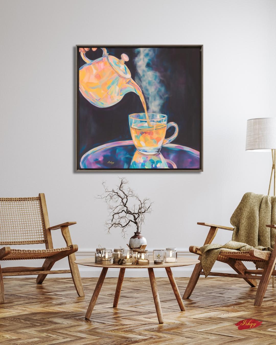 Colorful Steaming Tea Pour Painting Print, Vibrant Teapot Kitchen Wall Art, Modern Tea Lovers Canvas Cozy Café Decor Bold Drink Artwork Gift