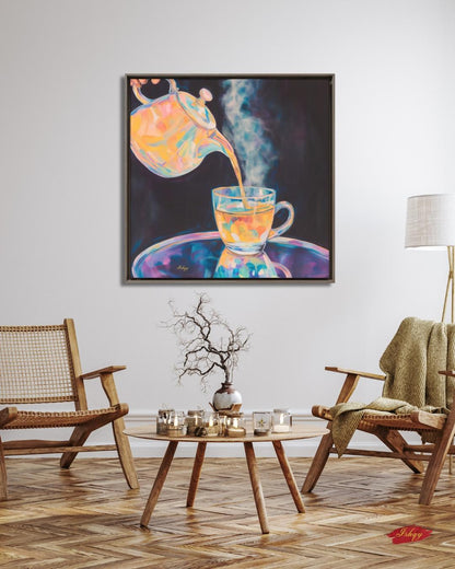Colorful Steaming Tea Pour Painting Print, Vibrant Teapot Kitchen Wall Art, Modern Tea Lovers Canvas Cozy Café Decor Bold Drink Artwork Gift