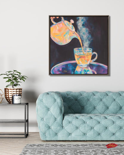 Colorful Steaming Tea Pour Painting Print, Vibrant Teapot Kitchen Wall Art, Modern Tea Lovers Canvas Cozy Café Decor Bold Drink Artwork Gift