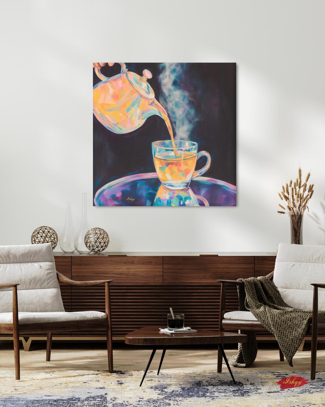 Colorful Steaming Tea Pour Painting Print, Vibrant Teapot Kitchen Wall Art, Modern Tea Lovers Canvas Cozy Café Decor Bold Drink Artwork Gift