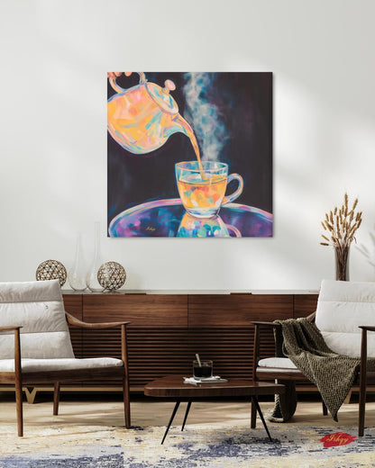 Colorful Steaming Tea Pour Painting Print, Vibrant Teapot Kitchen Wall Art, Modern Tea Lovers Canvas Cozy Café Decor Bold Drink Artwork Gift