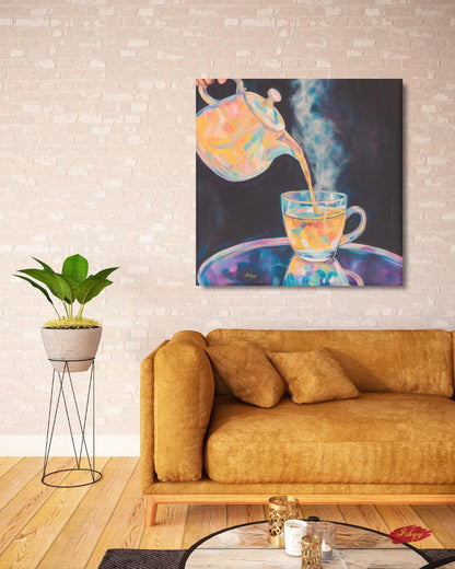 Colorful Steaming Tea Pour Painting Print, Vibrant Teapot Kitchen Wall Art, Modern Tea Lovers Canvas Cozy Café Decor Bold Drink Artwork Gift