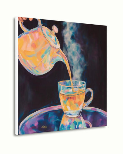 Colorful Steaming Tea Pour Painting Print, Vibrant Teapot Kitchen Wall Art, Modern Tea Lovers Canvas Cozy Café Decor Bold Drink Artwork Gift