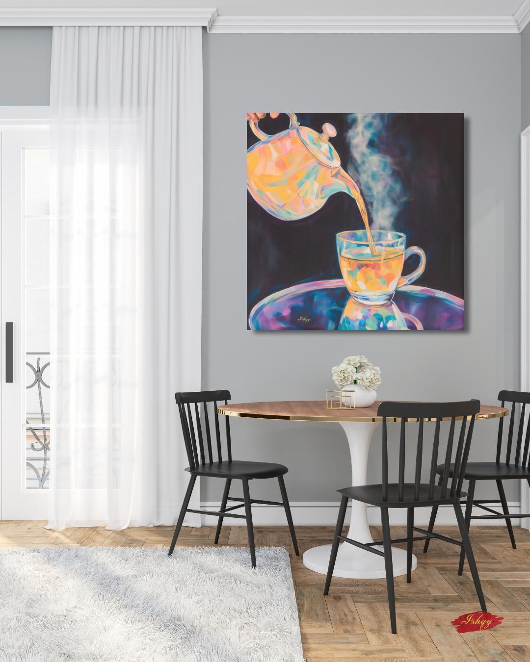 Colorful Steaming Tea Pour Painting Print, Vibrant Teapot Kitchen Wall Art, Modern Tea Lovers Canvas Cozy Café Decor Bold Drink Artwork Gift