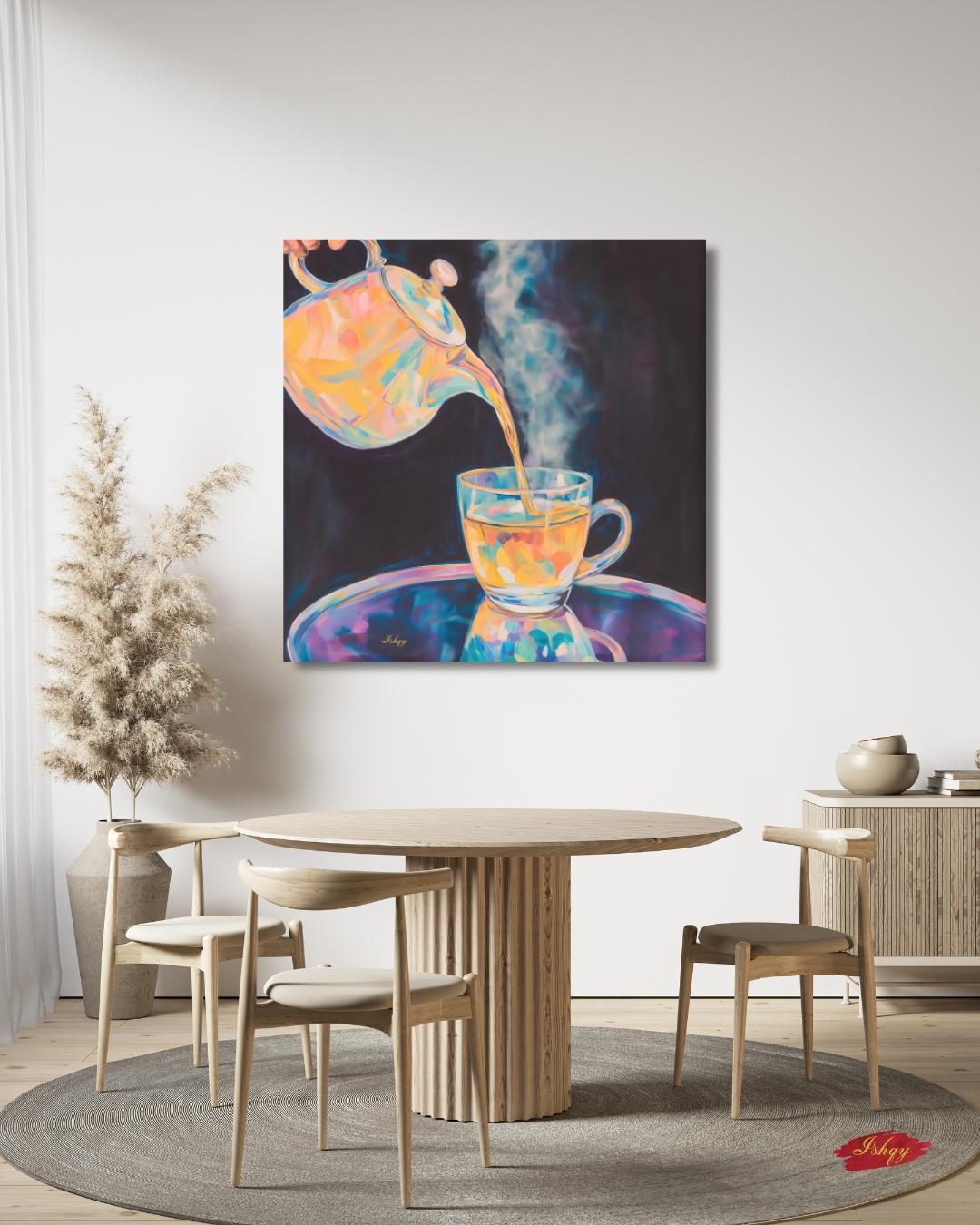 Colorful Steaming Tea Pour Painting Print, Vibrant Teapot Kitchen Wall Art, Modern Tea Lovers Canvas Cozy Café Decor Bold Drink Artwork Gift