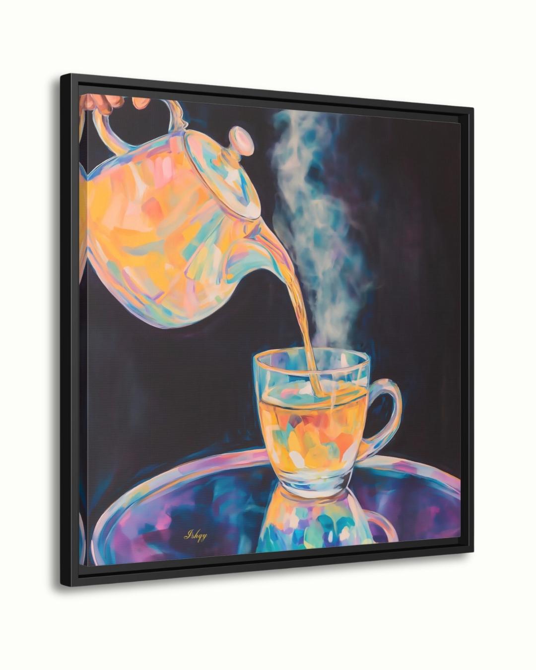 Colorful Steaming Tea Pour Painting Print, Vibrant Teapot Kitchen Wall Art, Modern Tea Lovers Canvas Cozy Café Decor Bold Drink Artwork Gift