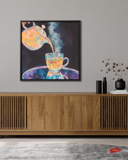 Colorful Steaming Tea Pour Painting Print, Vibrant Teapot Kitchen Wall Art, Modern Tea Lovers Canvas Cozy Café Decor Bold Drink Artwork Gift