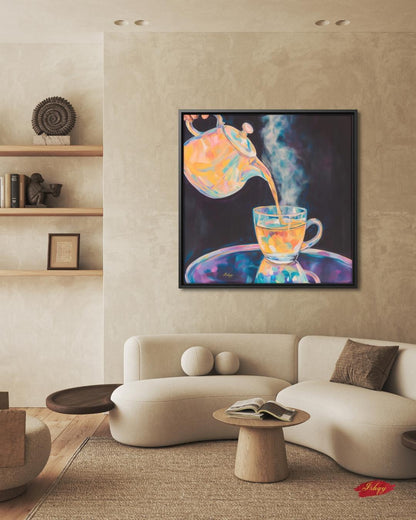 Colorful Steaming Tea Pour Painting Print, Vibrant Teapot Kitchen Wall Art, Modern Tea Lovers Canvas Cozy Café Decor Bold Drink Artwork Gift