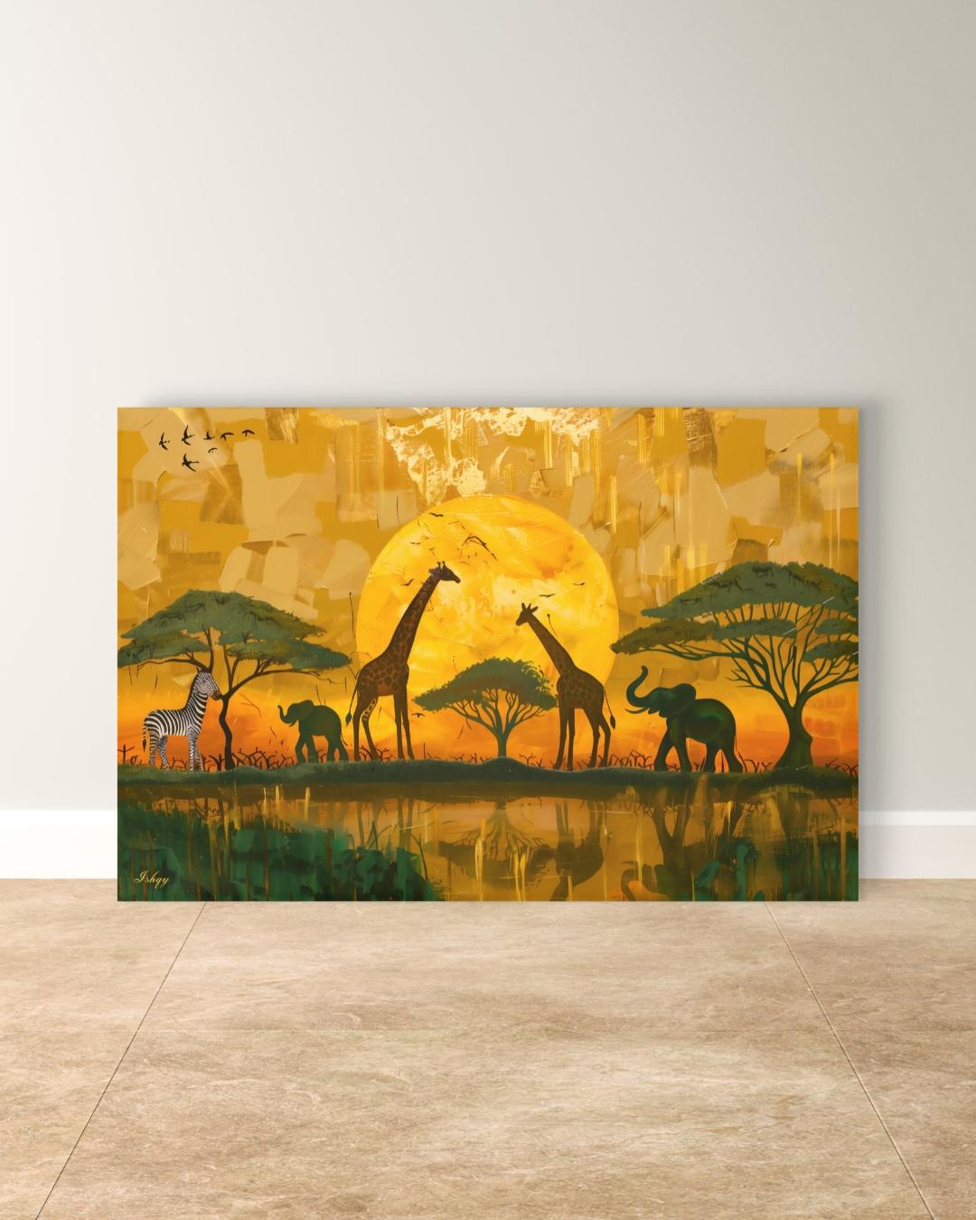 African Safari Wall Art, Serengeti Sunset Canvas Print with Giraffes Elephants and Zebras, Boho Wildlife Decor for Living Room