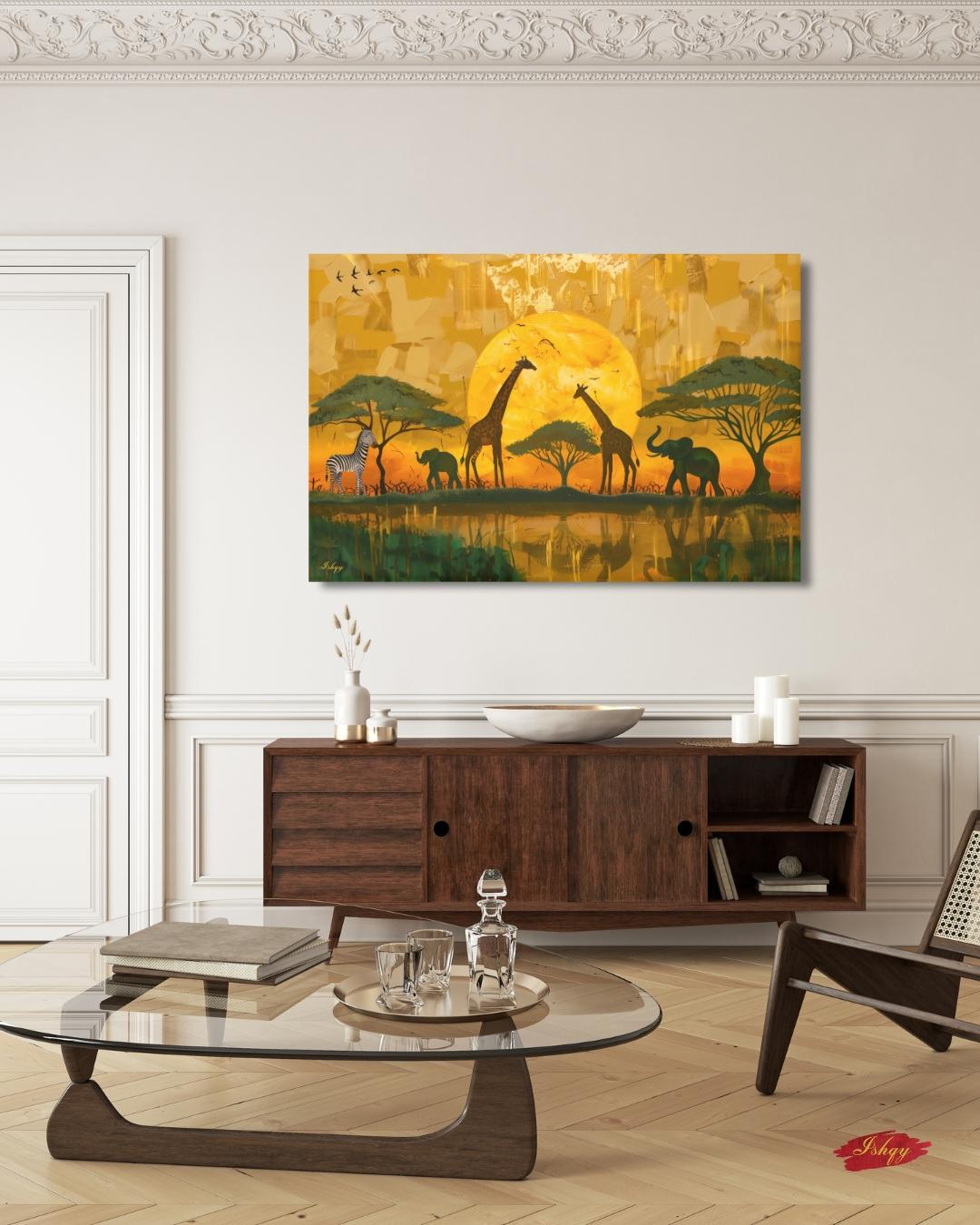 African Safari Wall Art, Serengeti Sunset Canvas Print with Giraffes Elephants and Zebras, Boho Wildlife Decor for Living Room