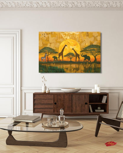 African Safari Wall Art, Serengeti Sunset Canvas Print with Giraffes Elephants and Zebras, Boho Wildlife Decor for Living Room