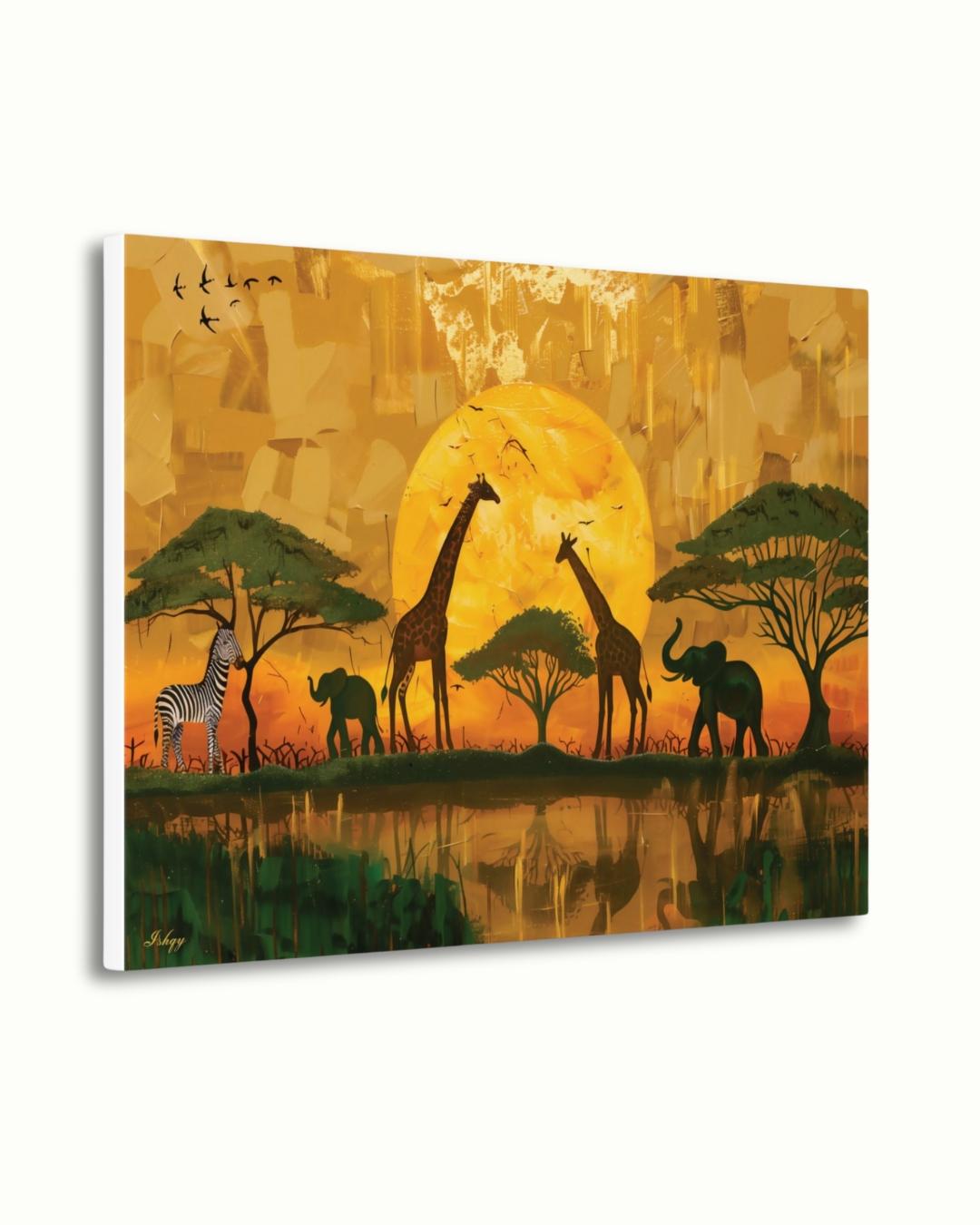 African Safari Wall Art, Serengeti Sunset Canvas Print with Giraffes Elephants and Zebras, Boho Wildlife Decor for Living Room