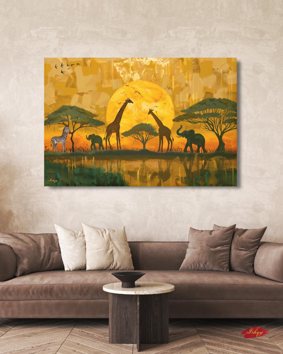 African Safari Wall Art, Serengeti Sunset Canvas Print with Giraffes Elephants and Zebras, Boho Wildlife Decor for Living Room