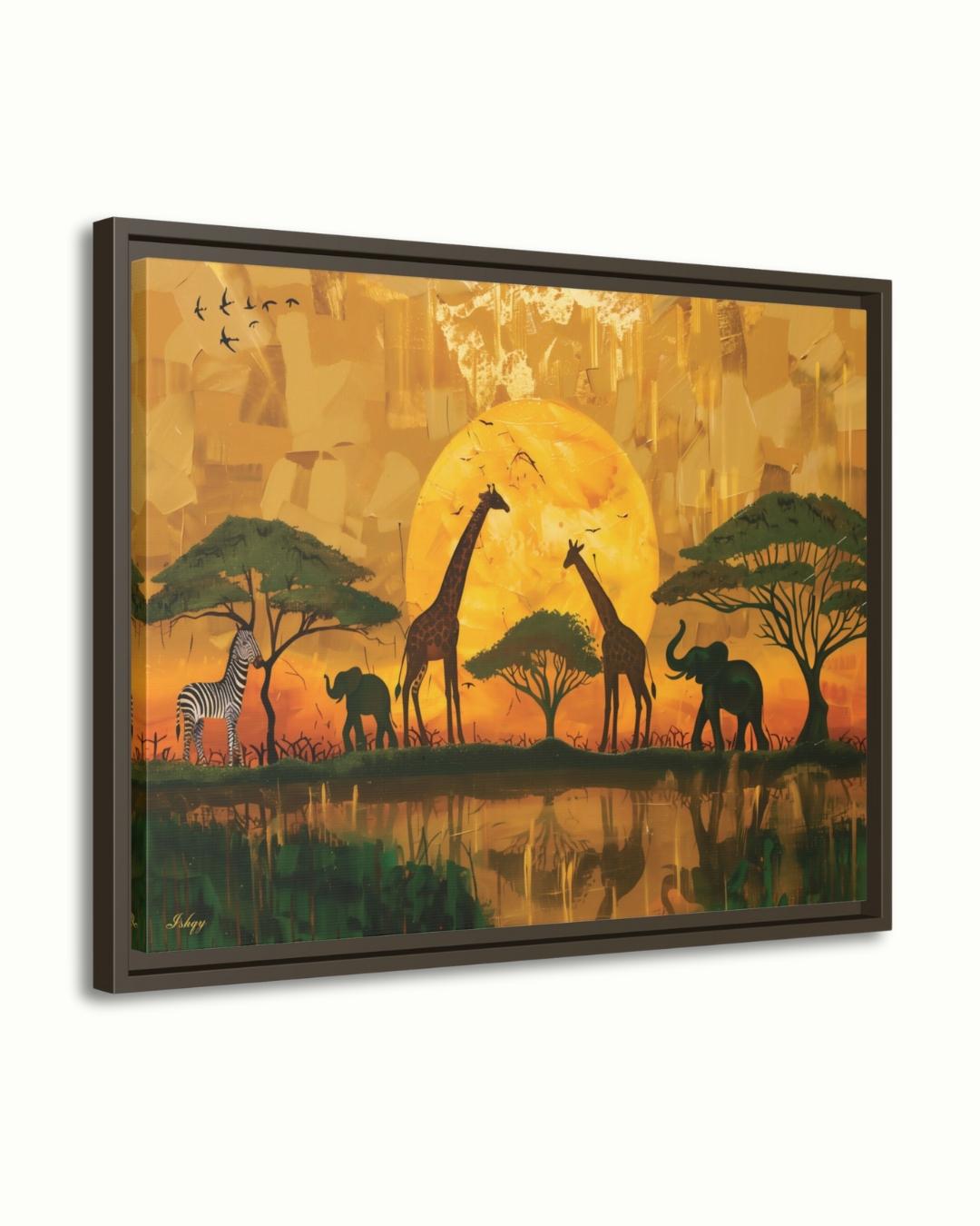 African Safari Wall Art, Serengeti Sunset Canvas Print with Giraffes Elephants and Zebras, Boho Wildlife Decor for Living Room
