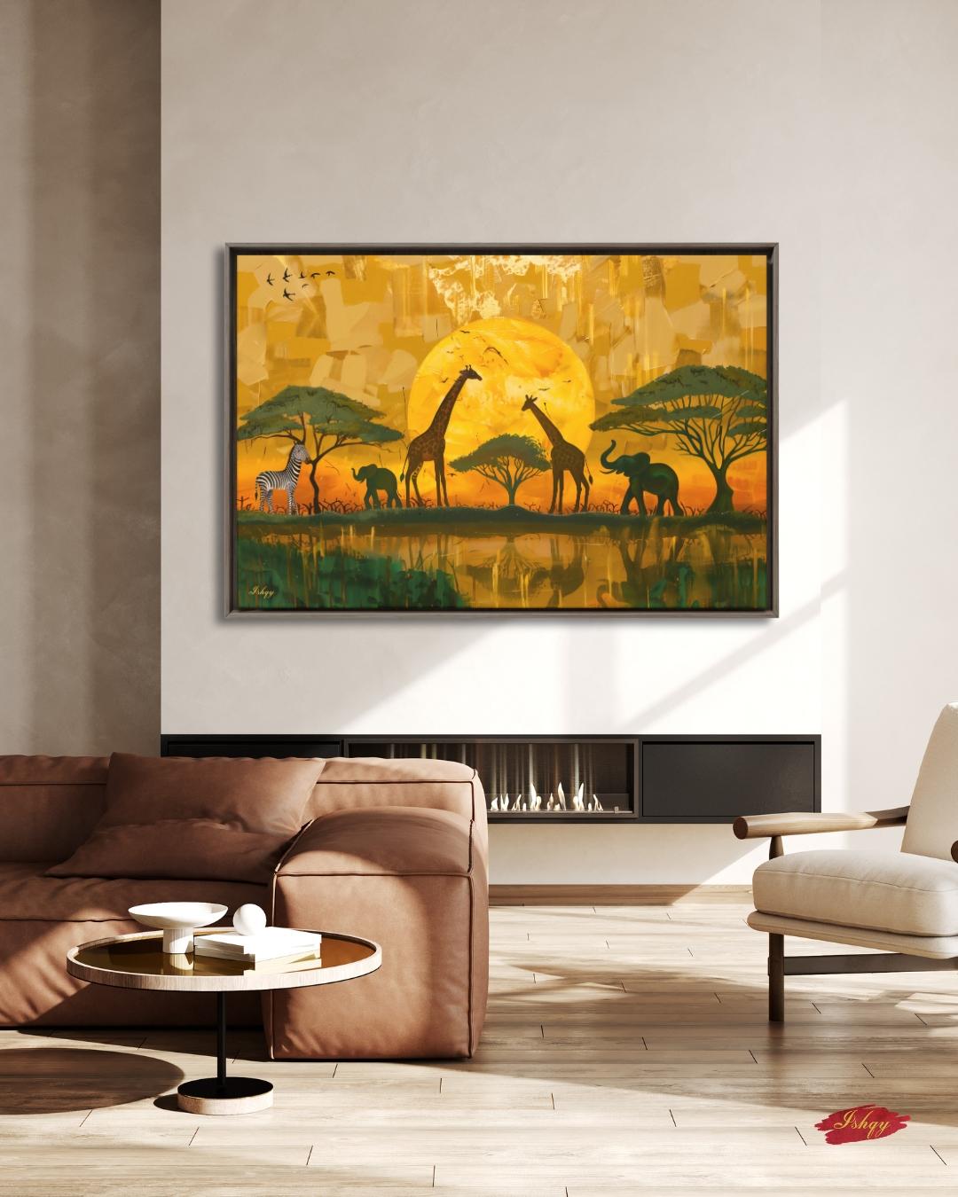 African Safari Wall Art, Serengeti Sunset Canvas Print with Giraffes Elephants and Zebras, Boho Wildlife Decor for Living Room