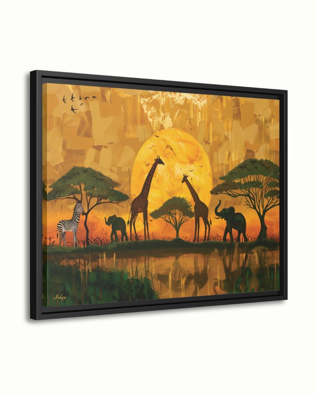 African Safari Wall Art, Serengeti Sunset Canvas Print with Giraffes Elephants and Zebras, Boho Wildlife Decor for Living Room