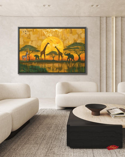 African Safari Wall Art, Serengeti Sunset Canvas Print with Giraffes Elephants and Zebras, Boho Wildlife Decor for Living Room