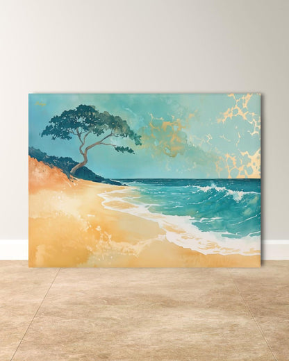 Hawaii Beach Canvas Wall Art, Teal Gold Ocean Framed Canvas Print, Minimalist Oahu Tropical Coastal Seascape Painting, Living Room Decor