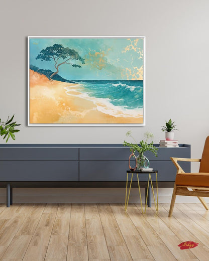 Hawaii Beach Canvas Wall Art, Teal Gold Ocean Framed Canvas Print, Minimalist Oahu Tropical Coastal Seascape Painting, Living Room Decor
