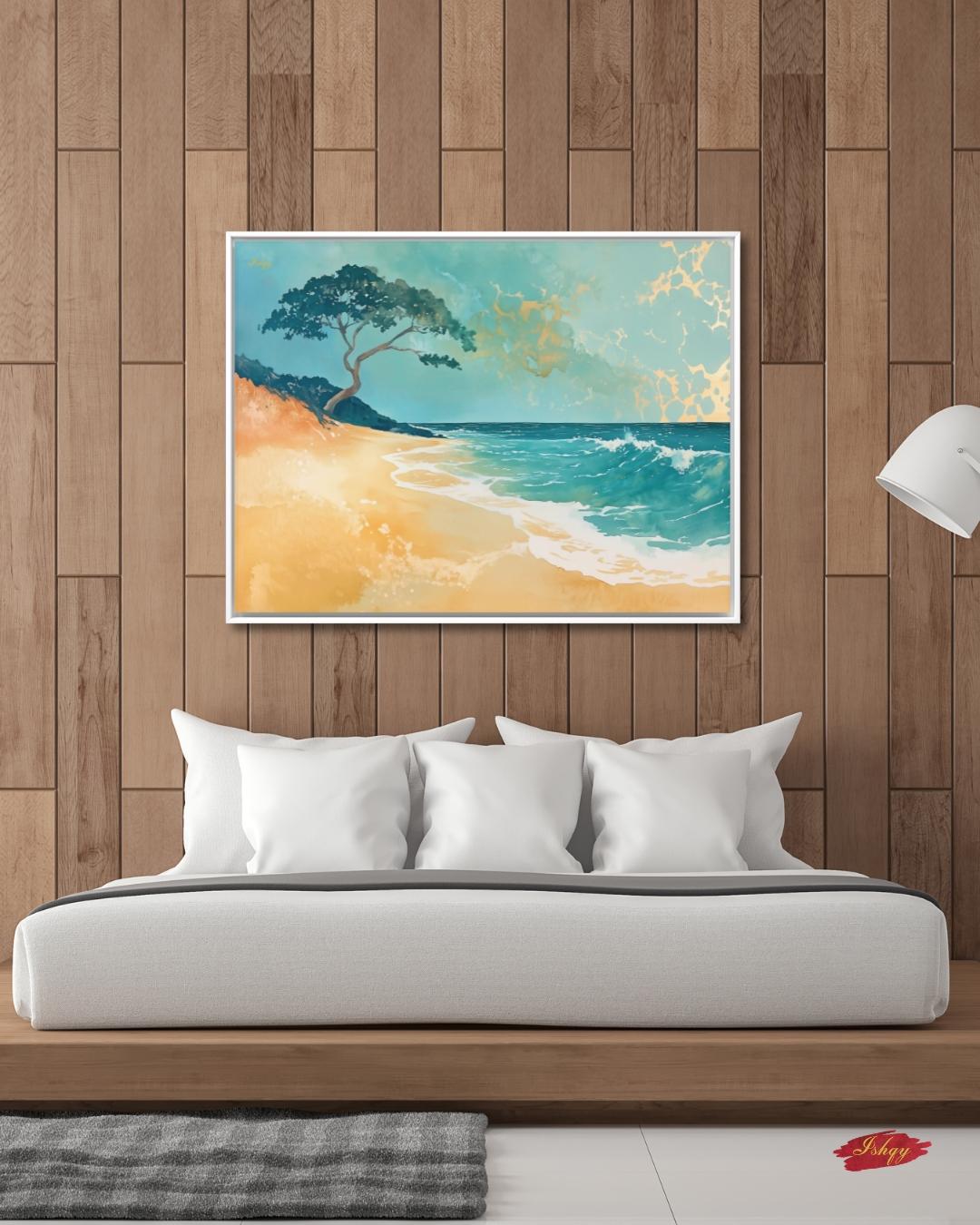 Hawaii Beach Canvas Wall Art, Teal Gold Ocean Framed Canvas Print, Minimalist Oahu Tropical Coastal Seascape Painting, Living Room Decor
