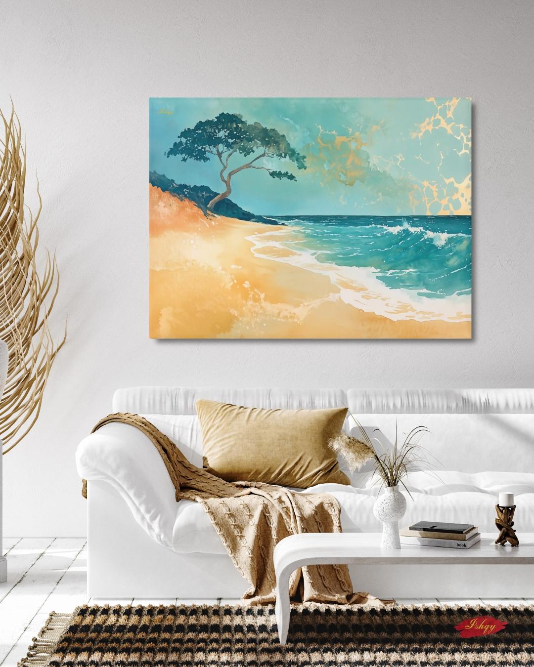 Hawaii Beach Canvas Wall Art, Teal Gold Ocean Framed Canvas Print, Minimalist Oahu Tropical Coastal Seascape Painting, Living Room Decor