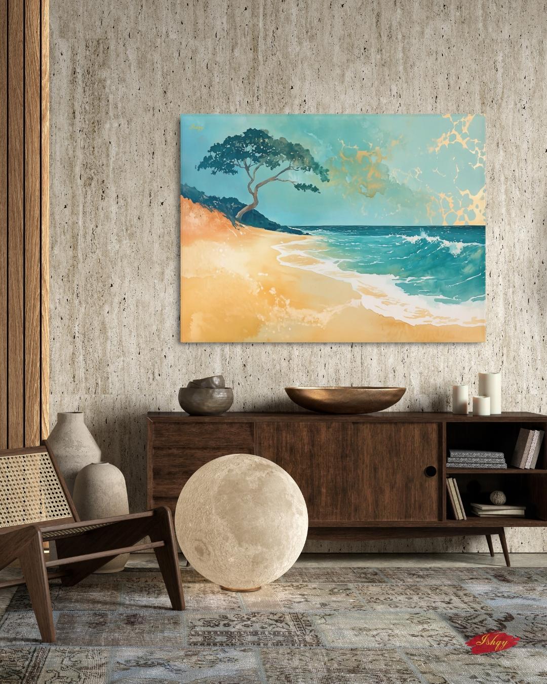 Hawaii Beach Canvas Wall Art, Teal Gold Ocean Framed Canvas Print, Minimalist Oahu Tropical Coastal Seascape Painting, Living Room Decor