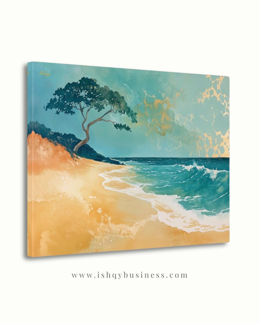 Hawaii Beach Canvas Wall Art, Teal Gold Ocean Framed Canvas Print, Minimalist Oahu Tropical Coastal Seascape Painting, Living Room Decor