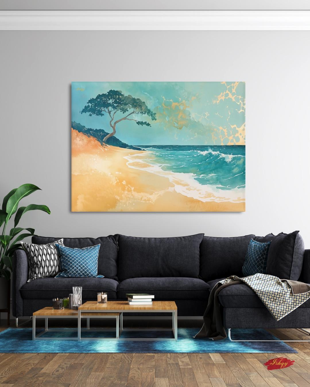 Hawaii Beach Canvas Wall Art, Teal Gold Ocean Framed Canvas Print, Minimalist Oahu Tropical Coastal Seascape Painting, Living Room Decor