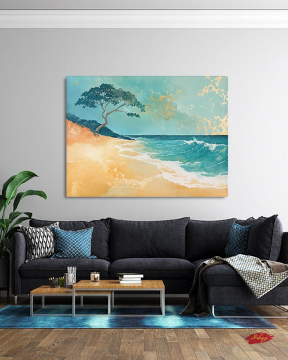Hawaii Beach Canvas Wall Art, Teal Gold Ocean Framed Canvas Print, Minimalist Oahu Tropical Coastal Seascape Painting, Living Room Decor