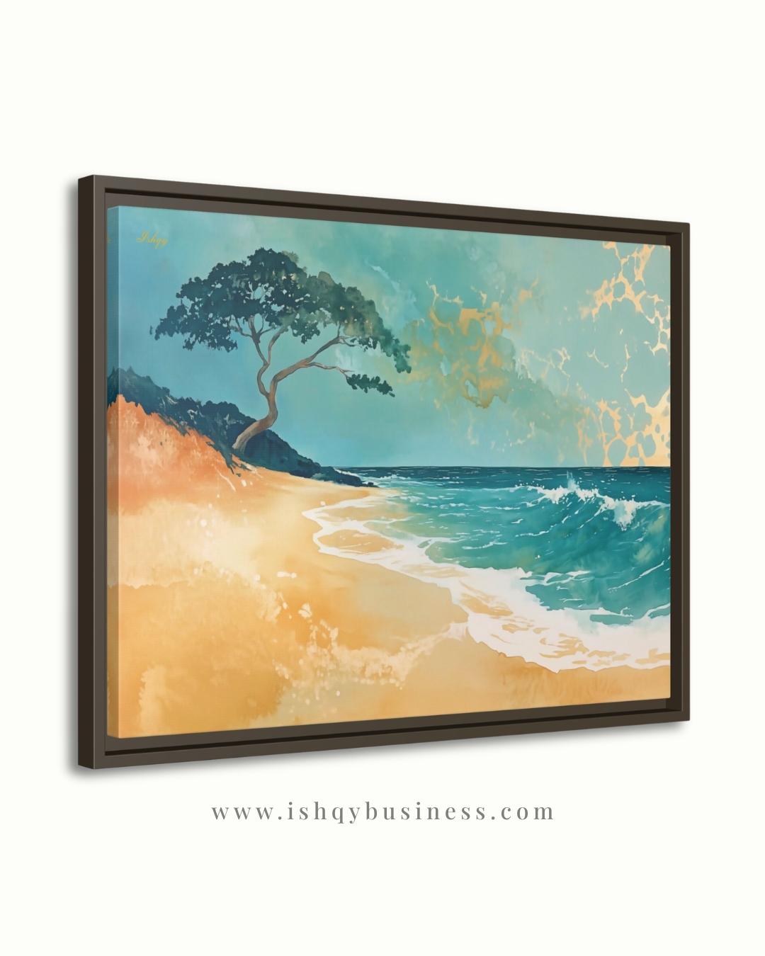 Hawaii Beach Canvas Wall Art, Teal Gold Ocean Framed Canvas Print, Minimalist Oahu Tropical Coastal Seascape Painting, Living Room Decor
