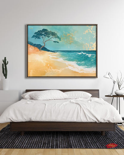 Hawaii Beach Canvas Wall Art, Teal Gold Ocean Framed Canvas Print, Minimalist Oahu Tropical Coastal Seascape Painting, Living Room Decor