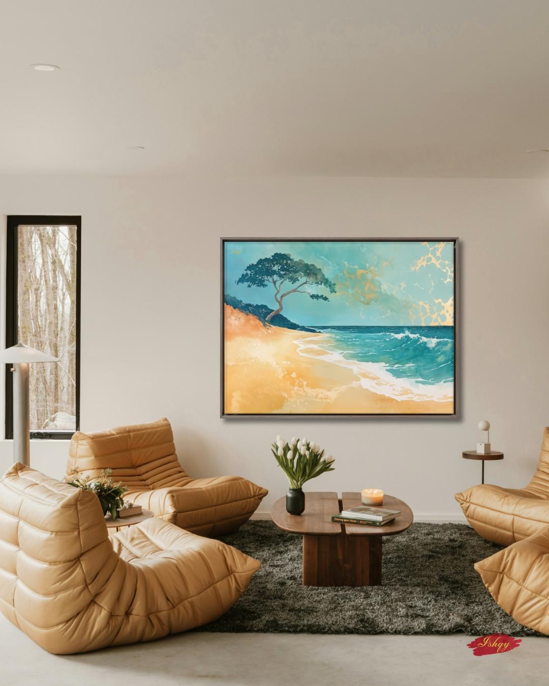 Hawaii Beach Canvas Wall Art, Teal Gold Ocean Framed Canvas Print, Minimalist Oahu Tropical Coastal Seascape Painting, Living Room Decor