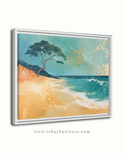 Hawaii Beach Canvas Wall Art, Teal Gold Ocean Framed Canvas Print, Minimalist Oahu Tropical Coastal Seascape Painting, Living Room Decor