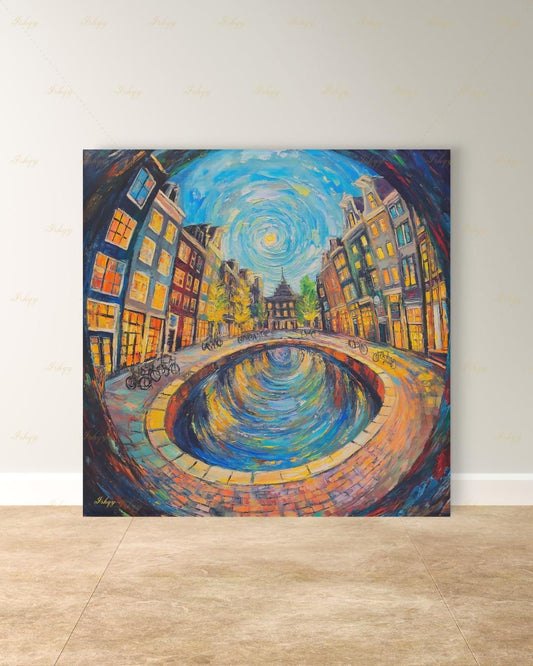 Amsterdam Wall Art, Canal House Canvas Print, Van Gogh Style Netherlands Decor, Bike City Travel Art, Boho Framed Canvas Gift