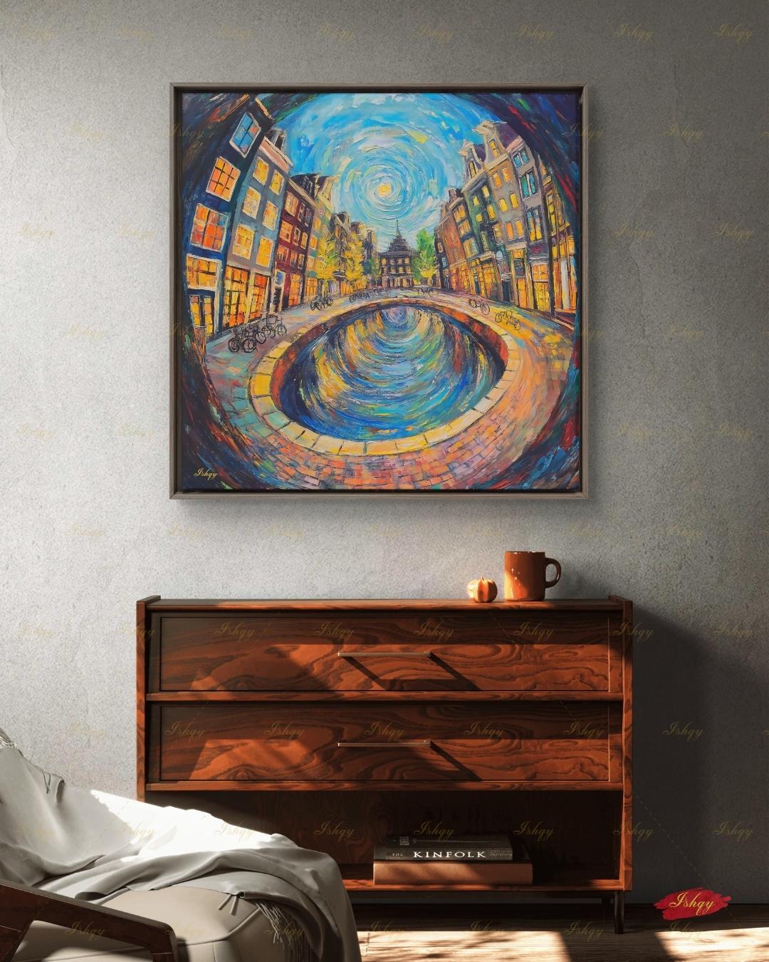 Amsterdam Wall Art, Canal House Canvas Print, Van Gogh Style Netherlands Decor, Bike City Travel Art, Boho Framed Canvas Gift