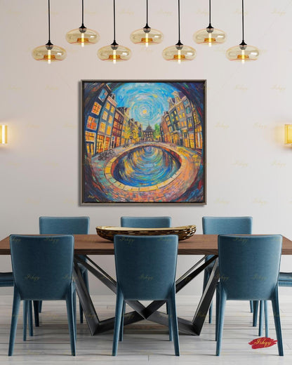 Amsterdam Wall Art, Canal House Canvas Print, Van Gogh Style Netherlands Decor, Bike City Travel Art, Boho Framed Canvas Gift