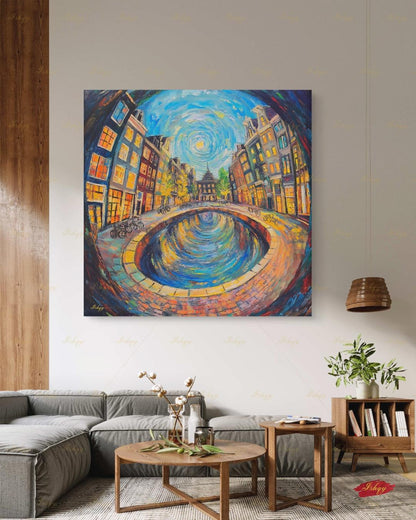 Amsterdam Wall Art, Canal House Canvas Print, Van Gogh Style Netherlands Decor, Bike City Travel Art, Boho Framed Canvas Gift