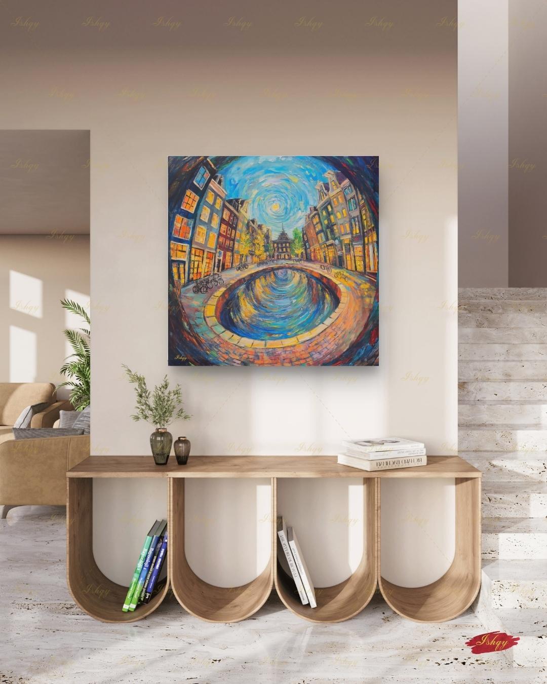 Amsterdam Wall Art, Canal House Canvas Print, Van Gogh Style Netherlands Decor, Bike City Travel Art, Boho Framed Canvas Gift