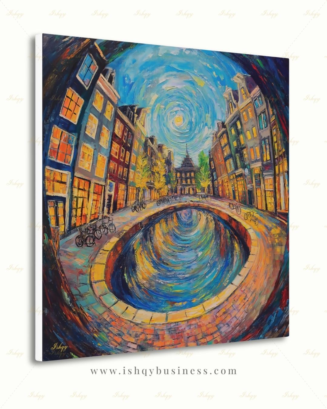 Amsterdam Wall Art, Canal House Canvas Print, Van Gogh Style Netherlands Decor, Bike City Travel Art, Boho Framed Canvas Gift